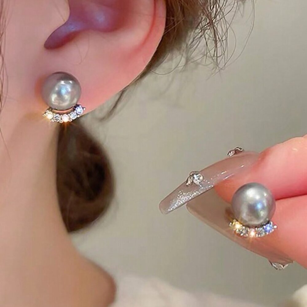 Grey Natural Pearl & Crystal Stud Earrings
